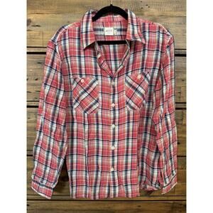 AE77 Shirt Mens Medium Red Blue Plaid Button Up Long Sleeve Casual Western